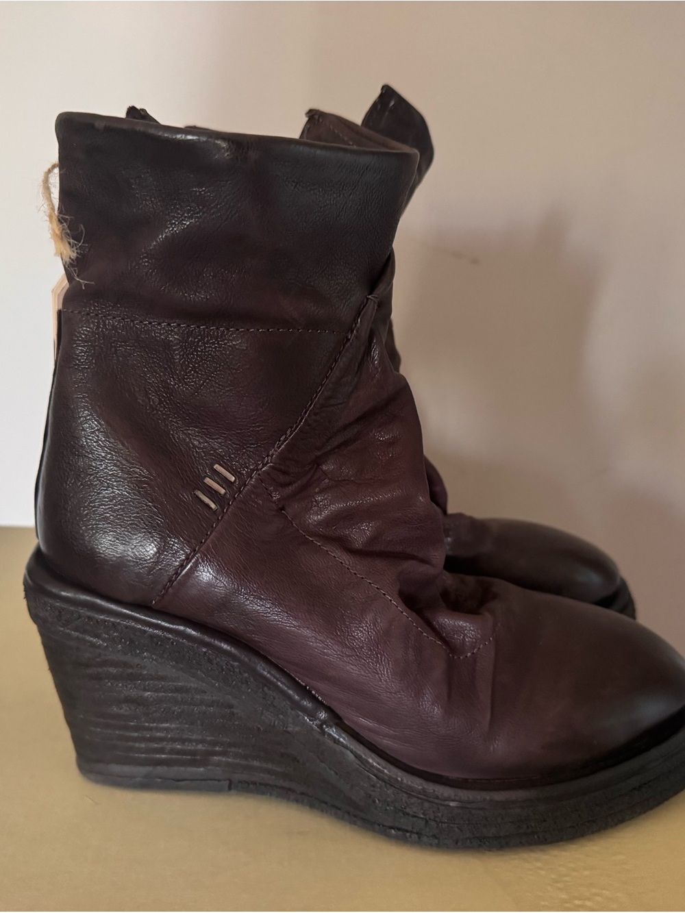 A.S.98 Women's Dark Brown Eggplant  Leather Wedge Ankle Boots New In Box